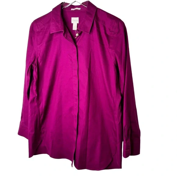 NWT Chico’s No Iron Sateen Purple Fuchsia Berry Marie Button Down Size 1/Small - Picture 2 of 9